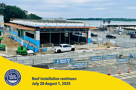 A building under construction near a body of water, with workers on the roof and signs directing pedestrians to use the crosswalk.