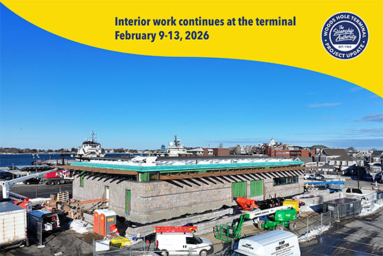 An aerial view of construction work at a ferry terminal with equipment around and a yellow banner detailing work dates in February 2026.