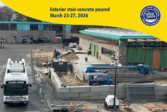 A construction site with workers, a bus labeled Palmer Avenue, and building materials, highlighting exterior stair concrete work.