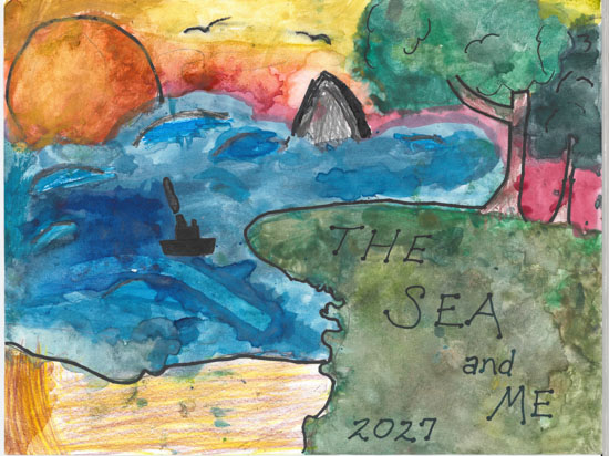 Watercolor art of a sunset over the sea with a boat, birds, a tree, and the text THE SEA and ME 2021 on green land.