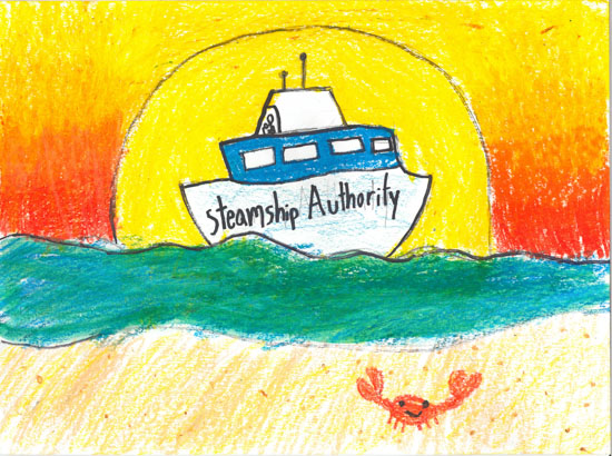 Watercolor art of a sunset over the sea with a boat, birds, a tree, and the text THE SEA and ME 2021 on green land.