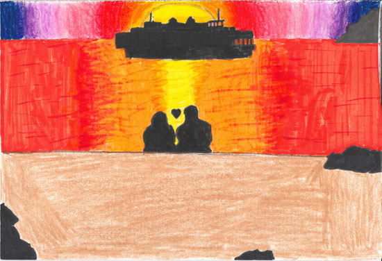 Two people sit on a beach at sunset with a heart between them; a boat is silhouetted against the orange and yellow sky.