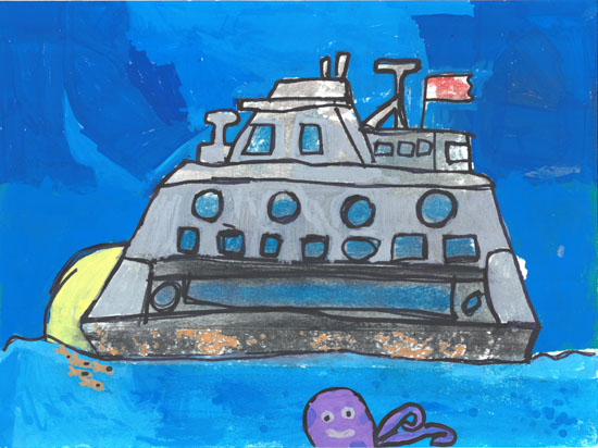 A gray ferry boat floats on blue water with a red flag; a purple octopus is in the foreground.
