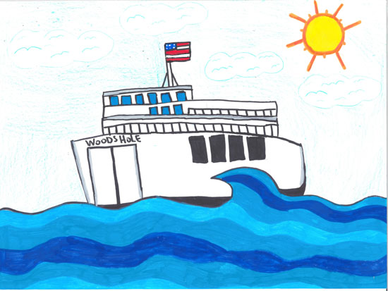 A white ferry labeled WOODS HOLE sails on blue waves under a sunny sky with clouds and a U.S. flag on top.