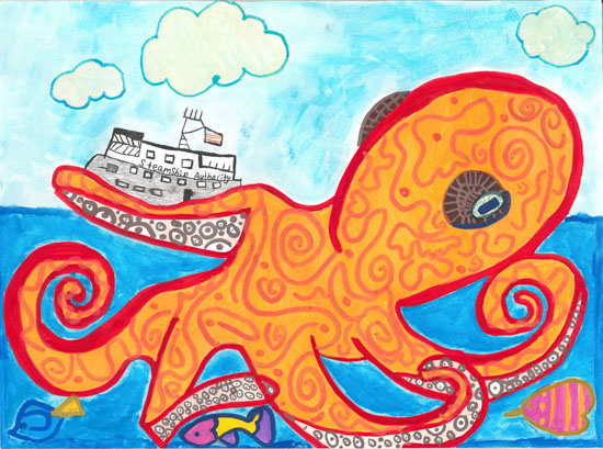 An orange octopus holds a boat above blue water, with fish below and clouds in the sky, drawn in a colorful, cartoon style.