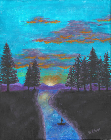 A person in a small boat floats on a river at sunset, surrounded by pine trees and mountains under a blue and orange sky.