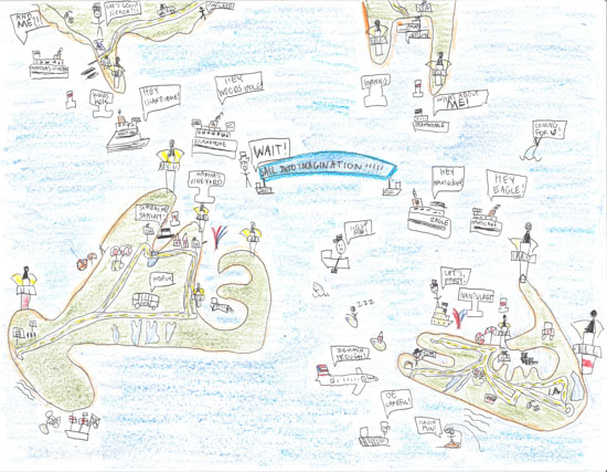 Hand-drawn map with islands, stick figures, roads, speech bubbles, vehicles, and the phrase WAIT! BILL 3RD IMAGINATION HILL! in the center.