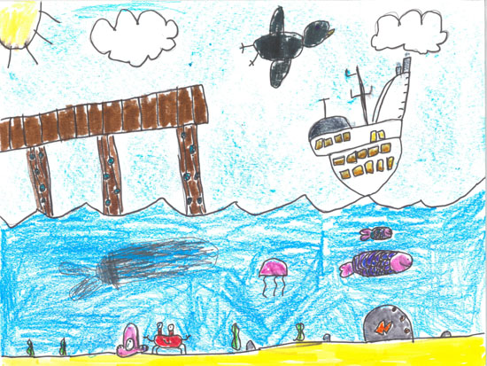 Childs drawing of a ship, pier, plane, sun, clouds, fish, jellyfish, and underwater creatures in blue water with a yellow seabed.