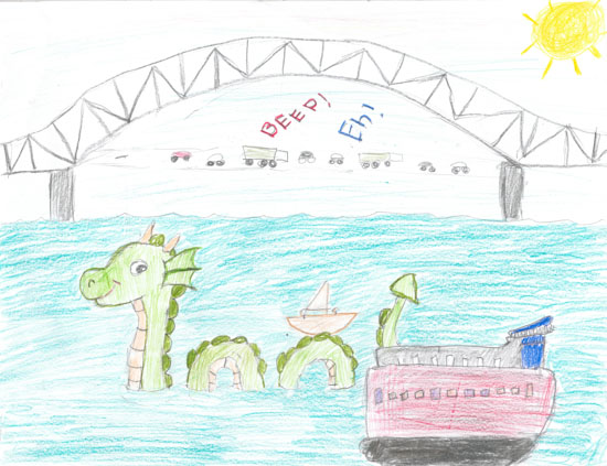 A green sea monster, a small boat, and a red ship are in water below a bridge with cars, under a sunny sky.