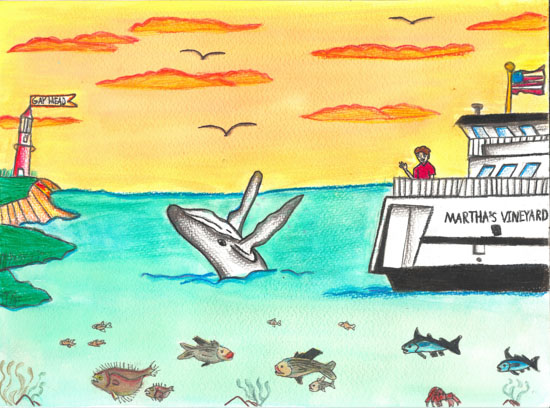 A whale breaches near a Marthas Vineyard ferry, with fish underwater and a lighthouse labeled Gay Head onshore at sunset.