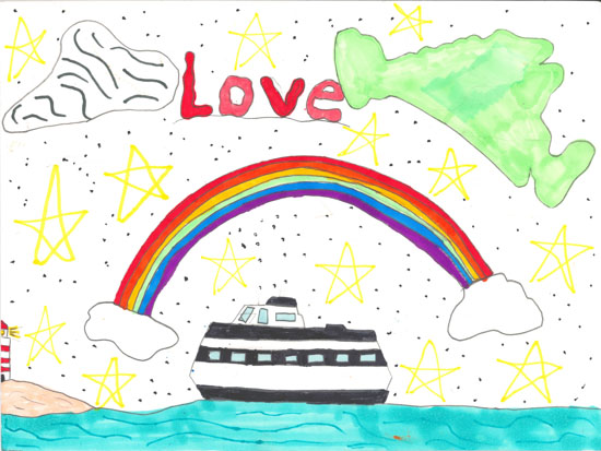 A ferry on water sits under a rainbow with clouds, stars, the word Love, green land, and a white-and-red lighthouse in the corner.