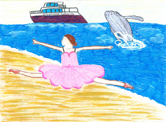 A girl in a pink tutu does a split on the beach; a whale jumps near a boat labeled Steamship Authority in the ocean.
