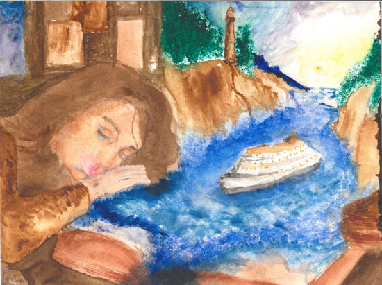 A person rests their head on a table, imagining a cruise ship sailing through a rocky blue river under a bright sky with a lighthouse.